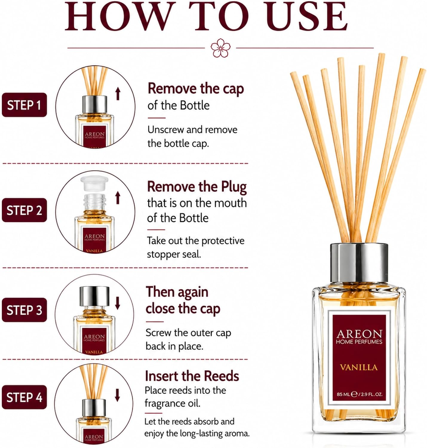 Areon Vanilla Home Luxury Perfume Reed Diffuser,10 Rattan Reeds,85ml