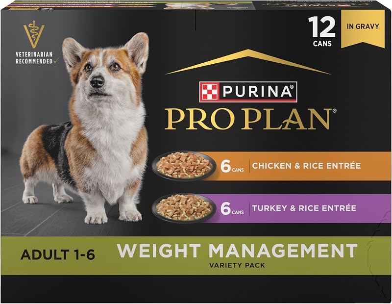 Ração úmida para cães adultos Purina Pro Plan Weight Management com frango e peru, pacote com 12 latas de 369 g