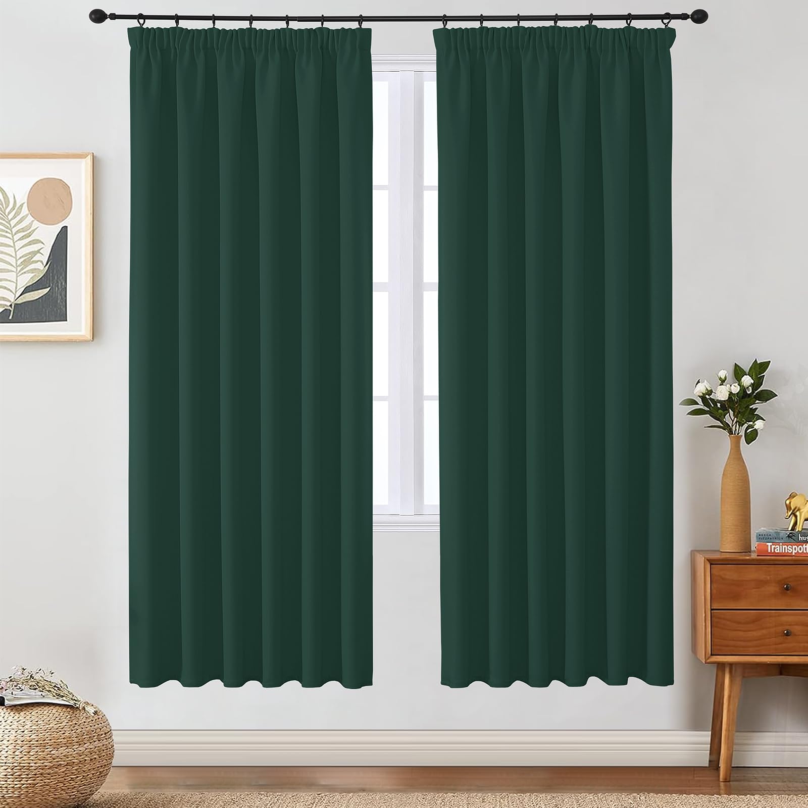 VEHEDE Blackish Green Blackout Curtains for Living Room โ Pencil Pleat Thermal Curtains, Noise Reducing & Privacy, W46 x L72 Inch, 2 Panels