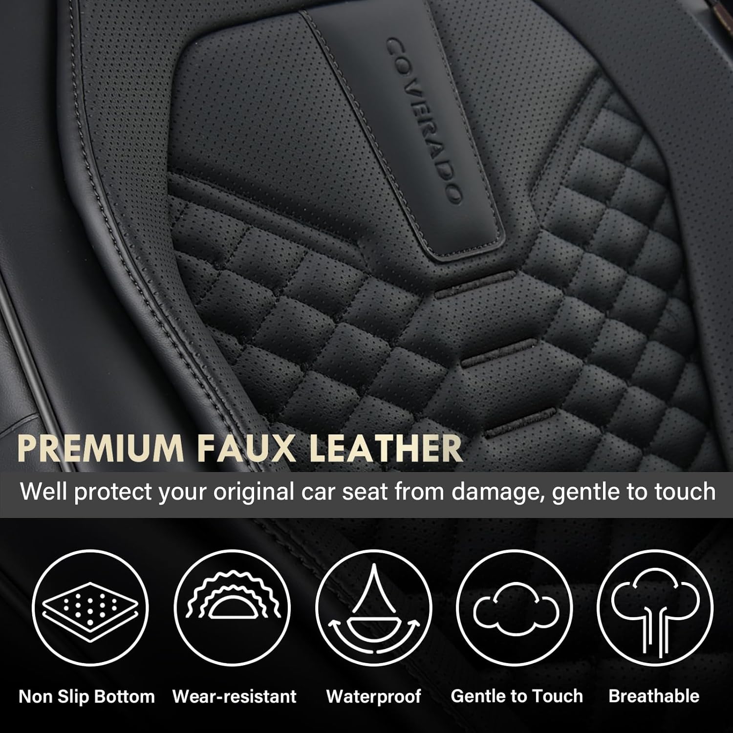 Coverado Leather Seat Covers, Car Seat Covers Full Set, Black Seat Covers for Cars, Car Seat Protector Waterproof, Car Seat Covers Front Seats and Back Universal Fit for Most Cars