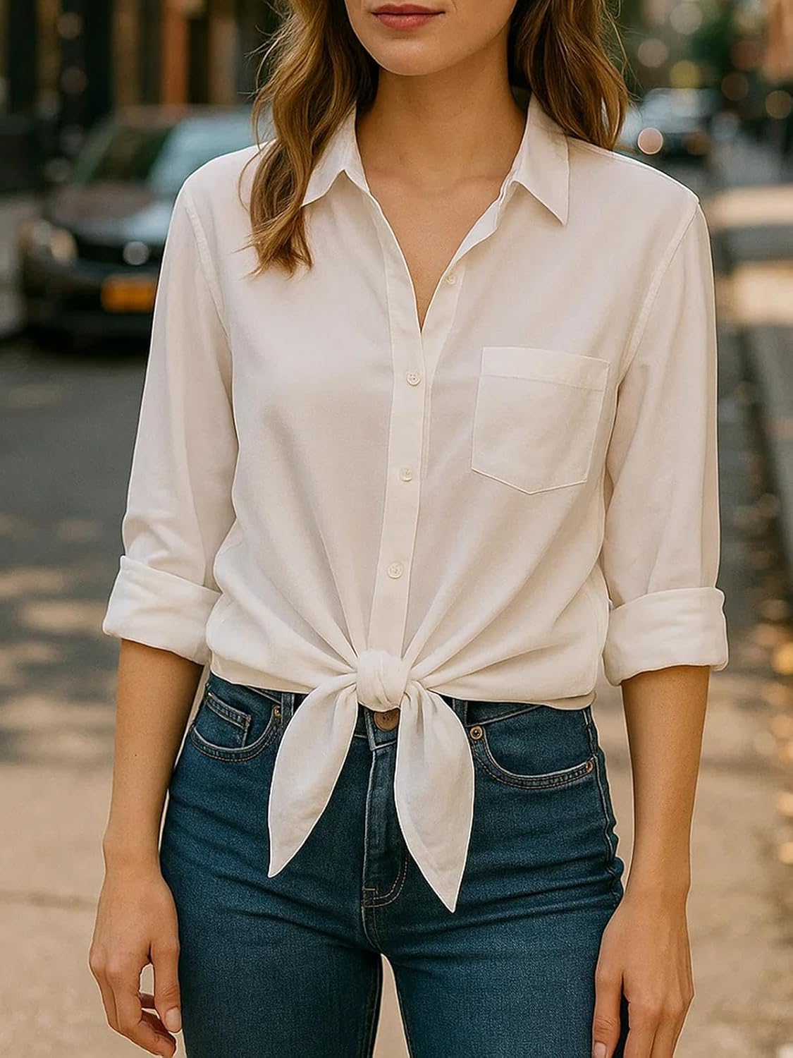 Dauocie Women's Front Tie Tops Casual 3/4 Roll Up Sleeve Button Up Shirts with Pocket - Image 2