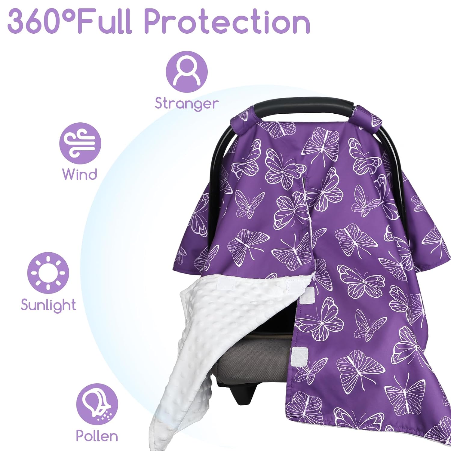 Baby Car Seat Cover for Boys Girls, Winter Infant Carseat Cover for Babies, Peekaboo Opening Nursing Cover Carseat Canopy, Warm Carrier Cover for Newborn, Purple Butterfly - Image 5