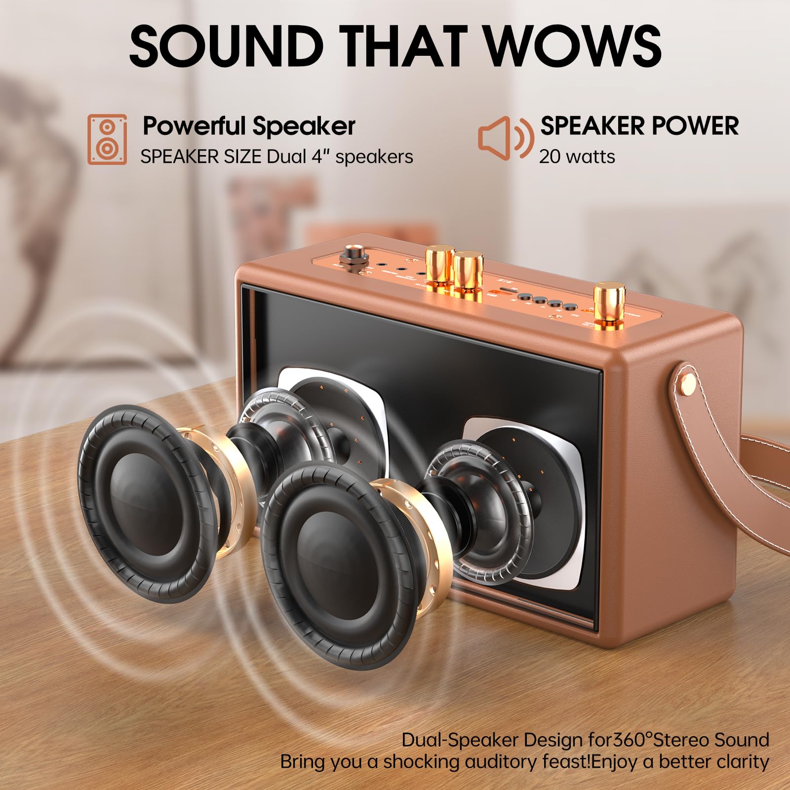 Máquina de Karaoke Portátil,2 Microfonos Inalambricos para Adultos Niños Karaoke Altavoz, micrófono de Cuatro Canales Ampliación Soporta TV/Smartphone/AUX/USB Cumpleañosregalos Vintage (Marrón)