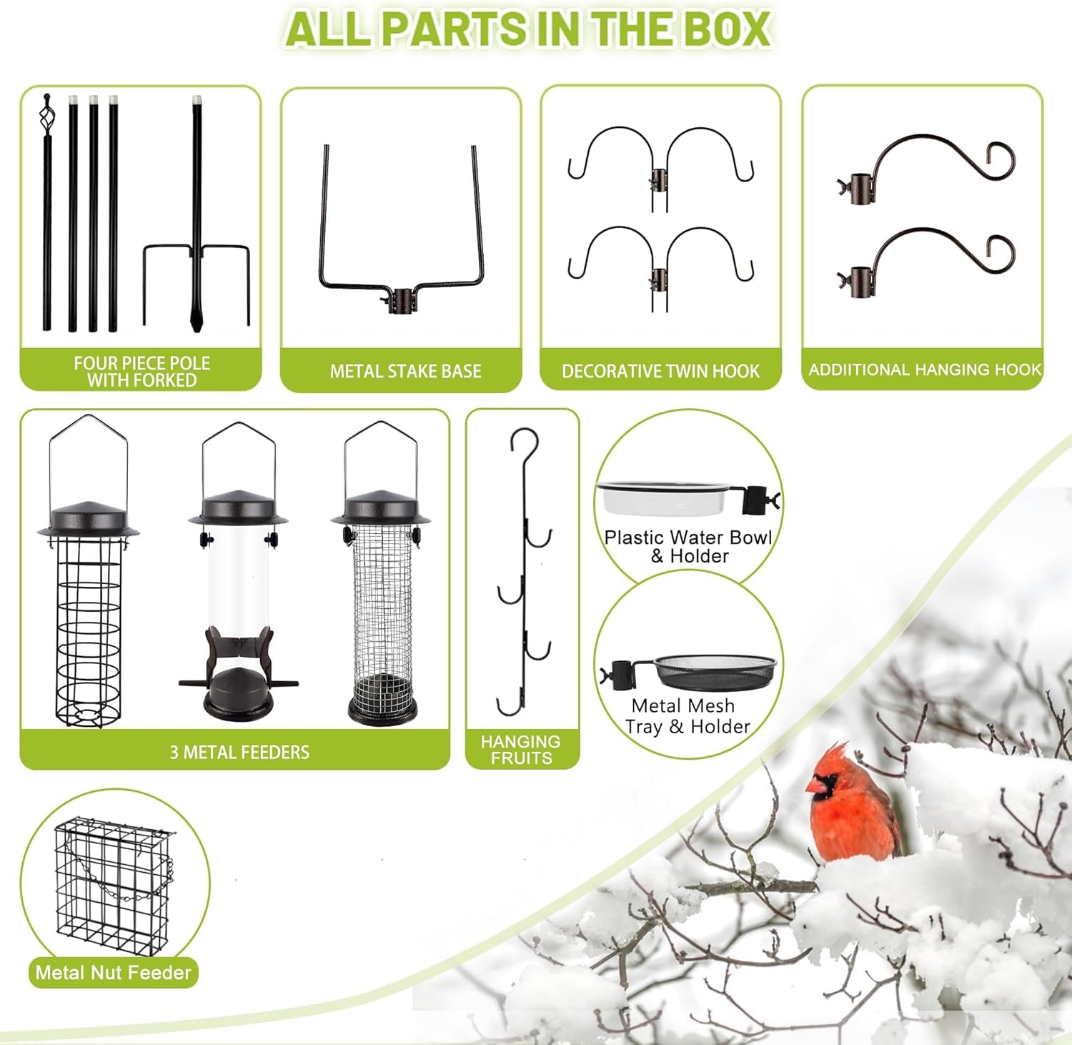 Bird Feeder Station with Suet Cage & Water Bowl Fruit Hook- Adjustable Pole, 6 Hanging Hooks for Wild Birds, Outdoor Garden Bird Feeding Kit