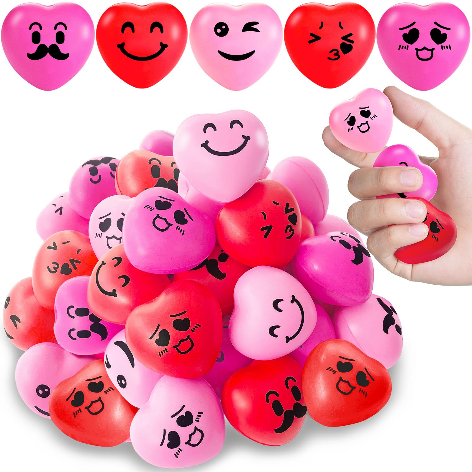 30 Pcs Heart Stress Balls,Mini 1.5" Stress Relief Smile Balls,Smile Funny Face Stress Ball for Valentine's Day,Gifts,Kids,Party Favors,Present Fillers