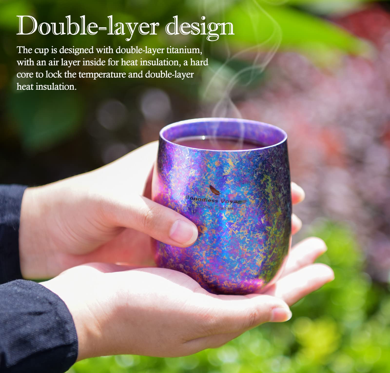 iBasingo & Boundless Voyage Tasse à café en titane double couche Fleur glacée Artisanat léger pour camping, randonnée, pique-nique, eau potable, thé, vin, bière, jus de fruits (doré) - Ti3084D