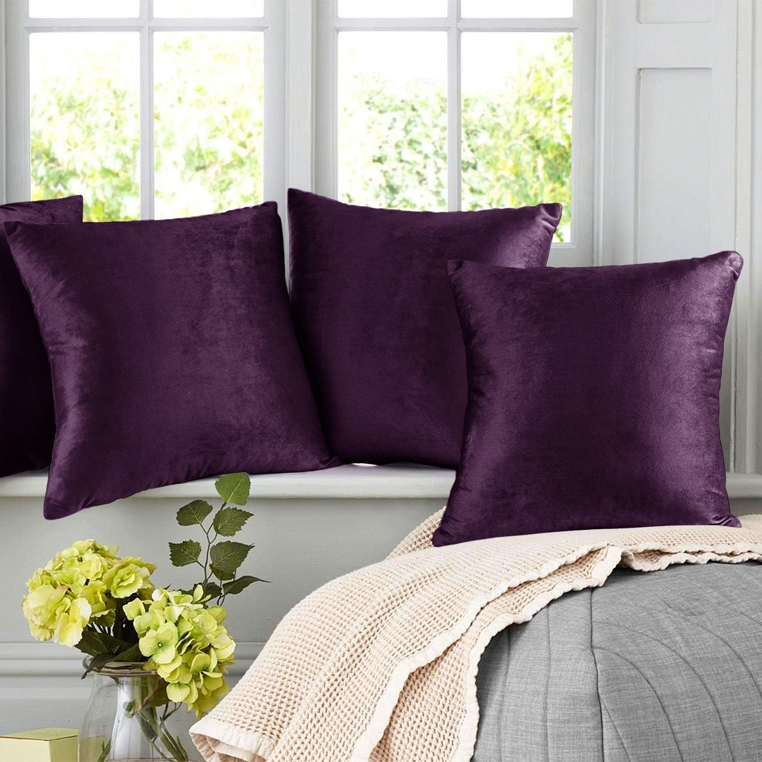 Nestl Throw Euro Pillow Covers, Cozy Velvet Decorative Pillow Covers 26 x 26 Inches, Soft Solid Couch Pillow Case for Sofa, Bed and Car, Set of 2 - Eggplant Purple
