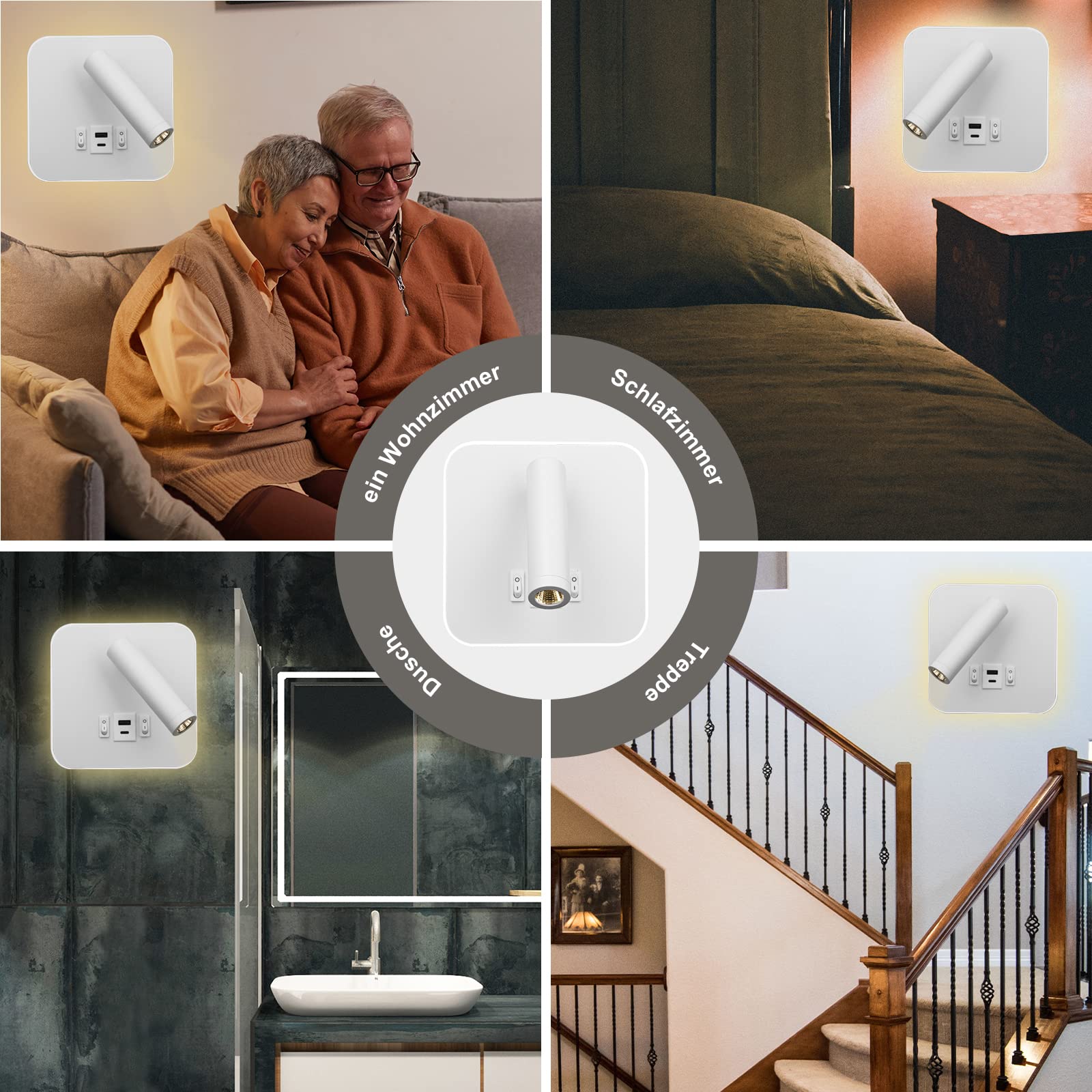 LED Reading Light USB tipo - C Double charge Electric Zut Switch se puede ajustar 12w LED Spotlight 3000k Wall Light Aluminium Bed Light se puede girar (Blanco cuadrado)