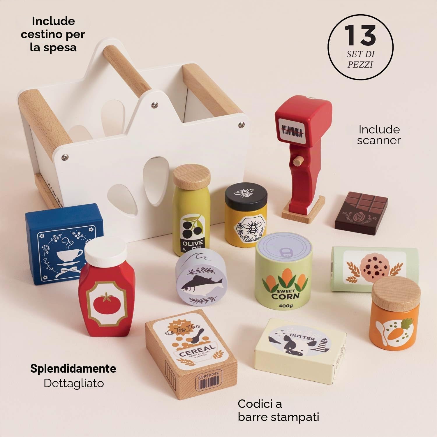 Le Toy Van Gioco educativo in legno cestino spesa e scanner, per bambini dai 2 anni, 13 accessori inclusi, gioco ecologico, Montessori, in legno certificato FSC e colori a base d'acqua
