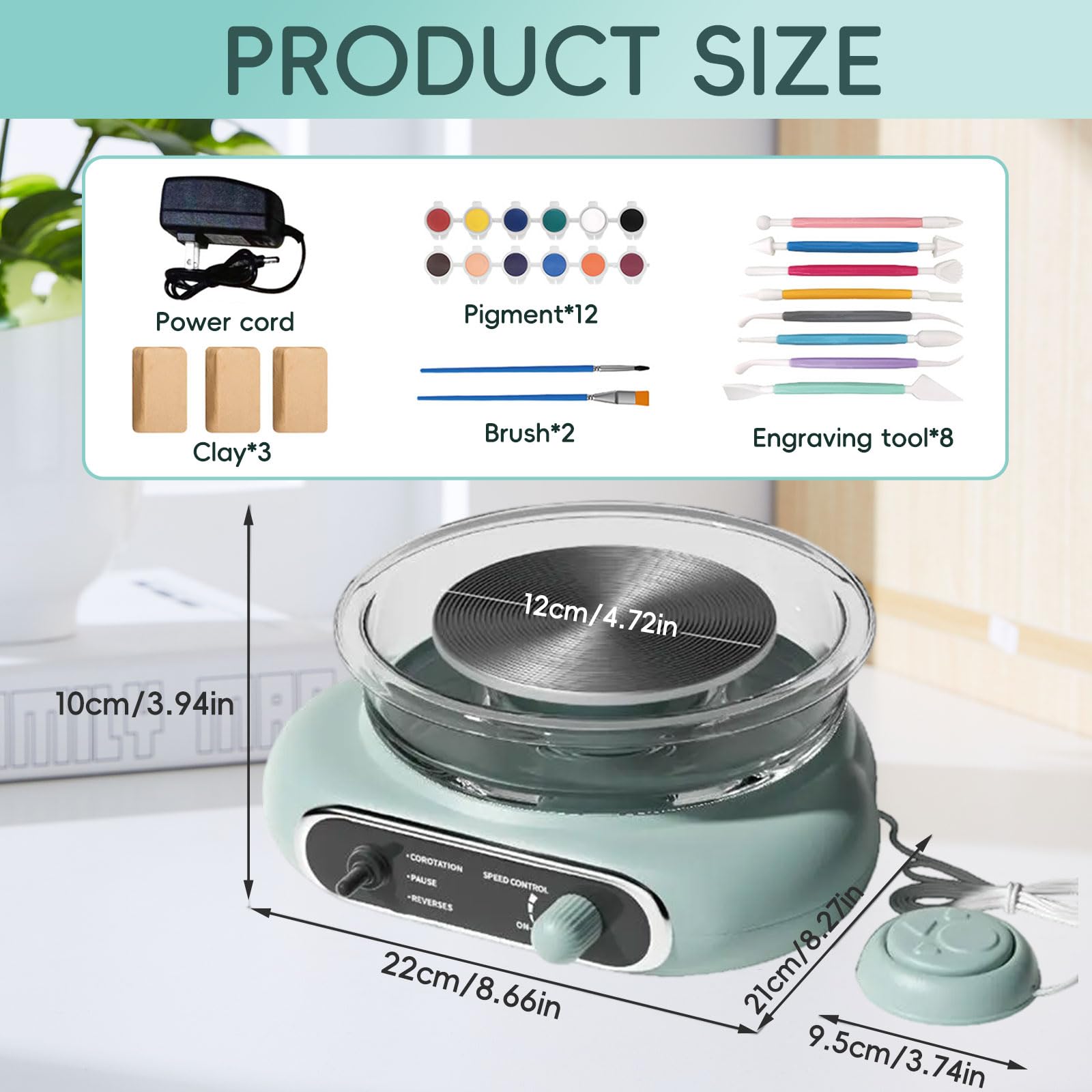 Elektrische Töpferscheibe mit stufenloser Geschwindigkeit & Fußpedal-Stopptaste - 12cm Pottery Wheel + 8-teiliges Zubehörset - Töpferset für Zuhause (Grün)