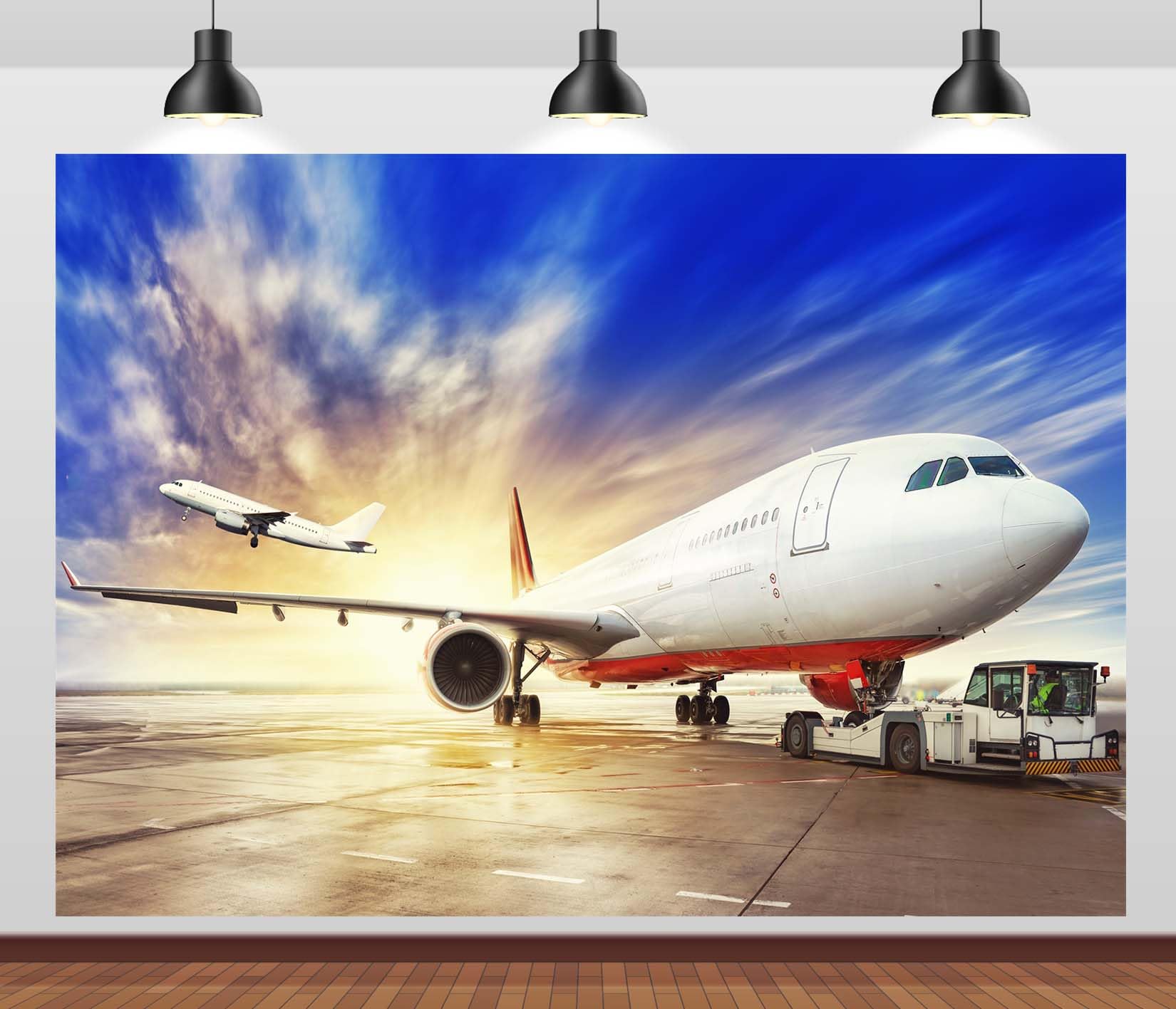 Loccor 5x3ft Fabric Airplane Backdrop Airport Runway Business Plane Sunset Sky Background Plane Travel Party Decorations Pilot Birthday Party Portrait