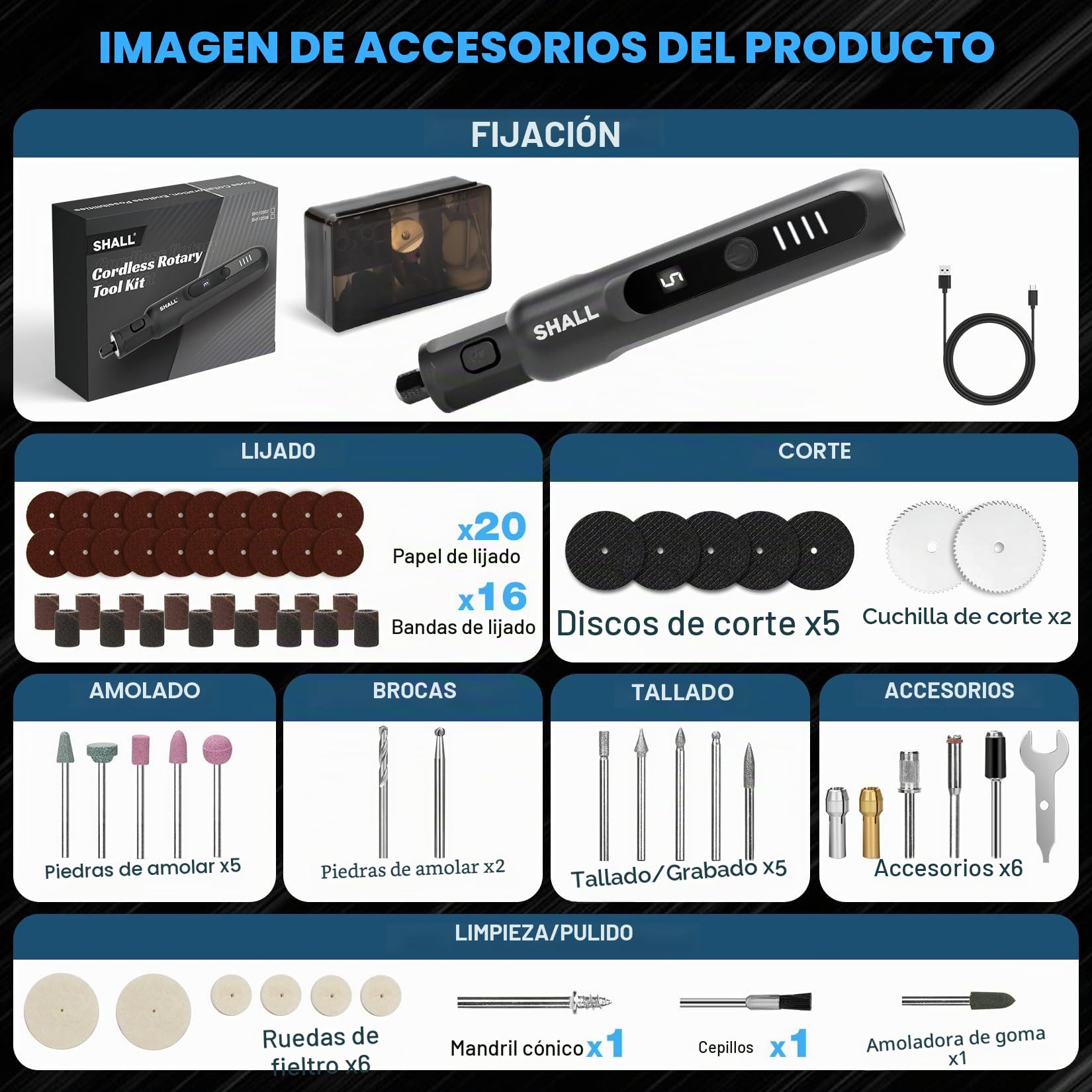 SHALL Mini herramienta giratoria inalámbrica 3.7V, 5000-20000RPM 5 velocidades variables USB recargable con 70 accesorios y luz led, para lijar, pulir, perforar, molir, grabar, cortar, bricolaje