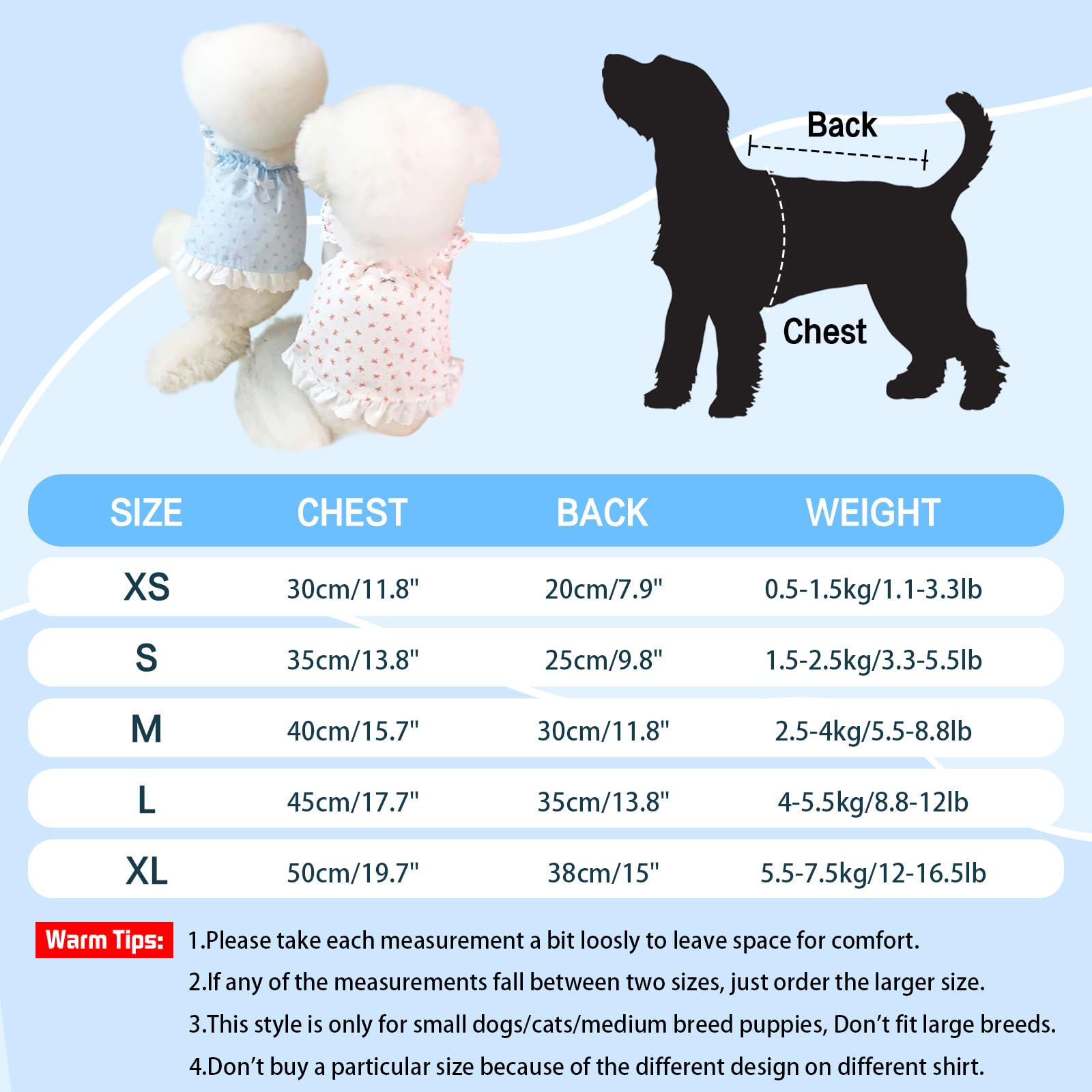 Lot de 2 Robes pour Chien, vêtements d'été à imprimé Floral de Taille XS, Chemises à Volants pour Petits Chiens, Bleu et Rose (Bleu, Taille M (2,5 à 4 kg)