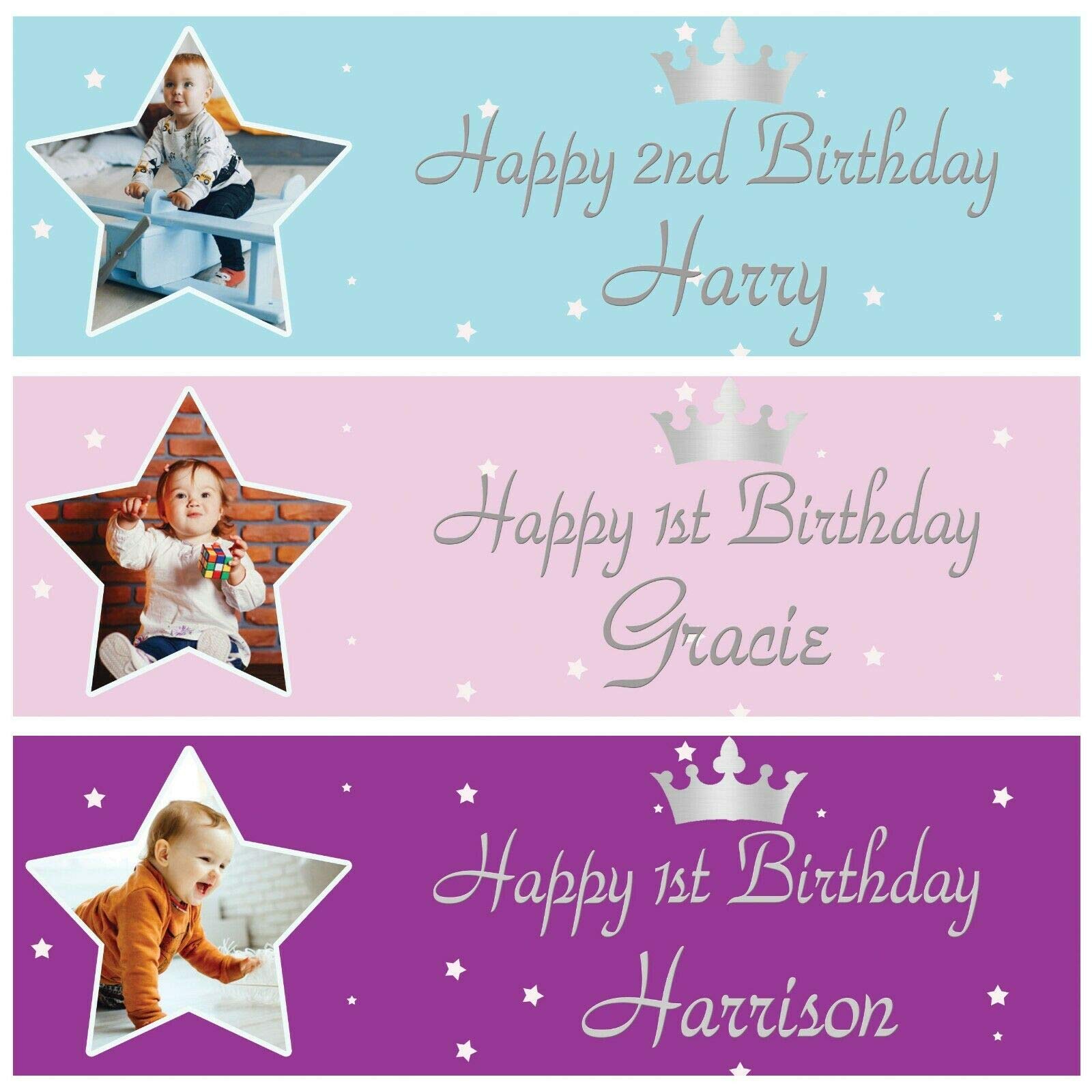 2 Personalised Birthday Banner Photo Stars Children Baby Kids Party Poster Decoration