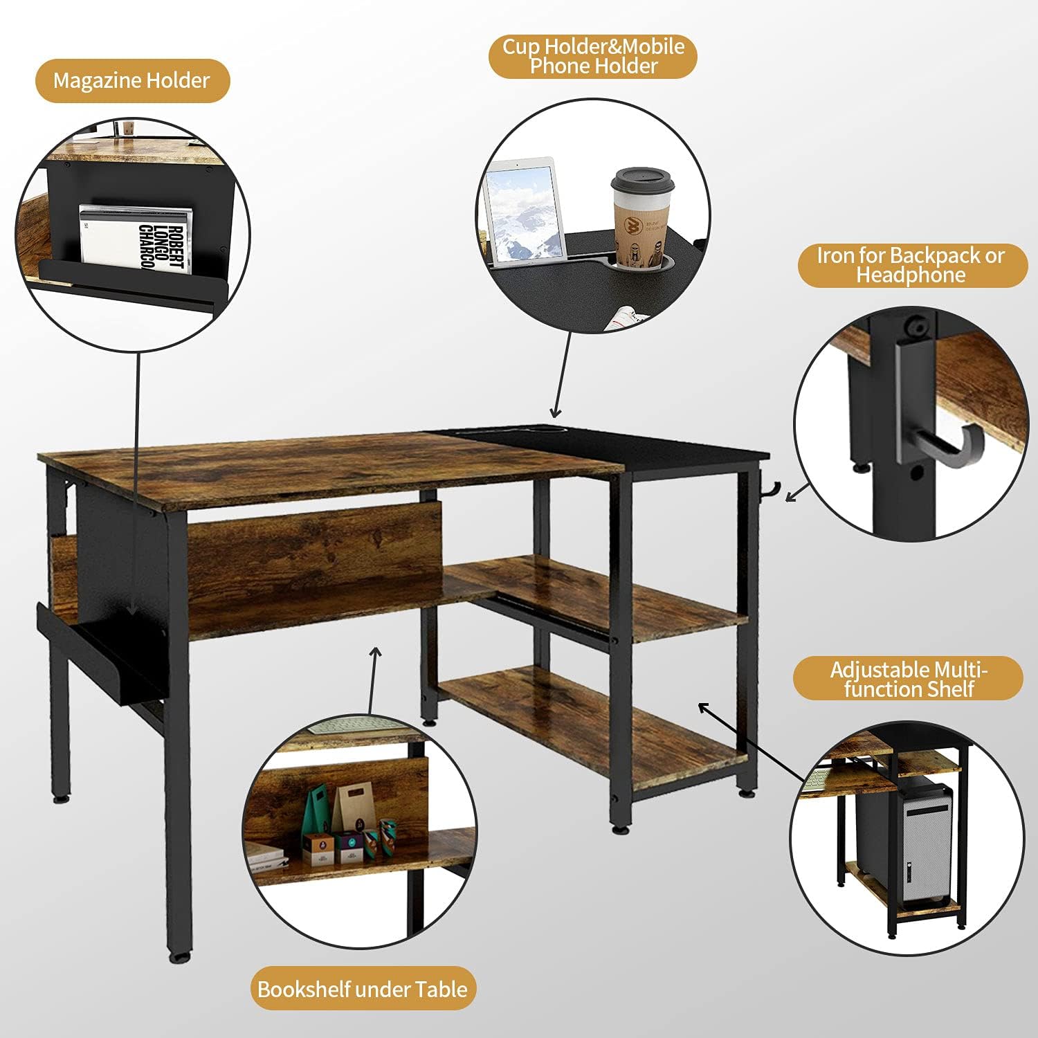 Frunimall Small Computer Desk with Storage Shelves, 39 Inch Home Office Desk Small Writing Desk with Bookshelf Magazine/Cup Holder, Simple Modern Work Study Writing Gaming Table Desk, Rustic Brown : Home & Kitchen