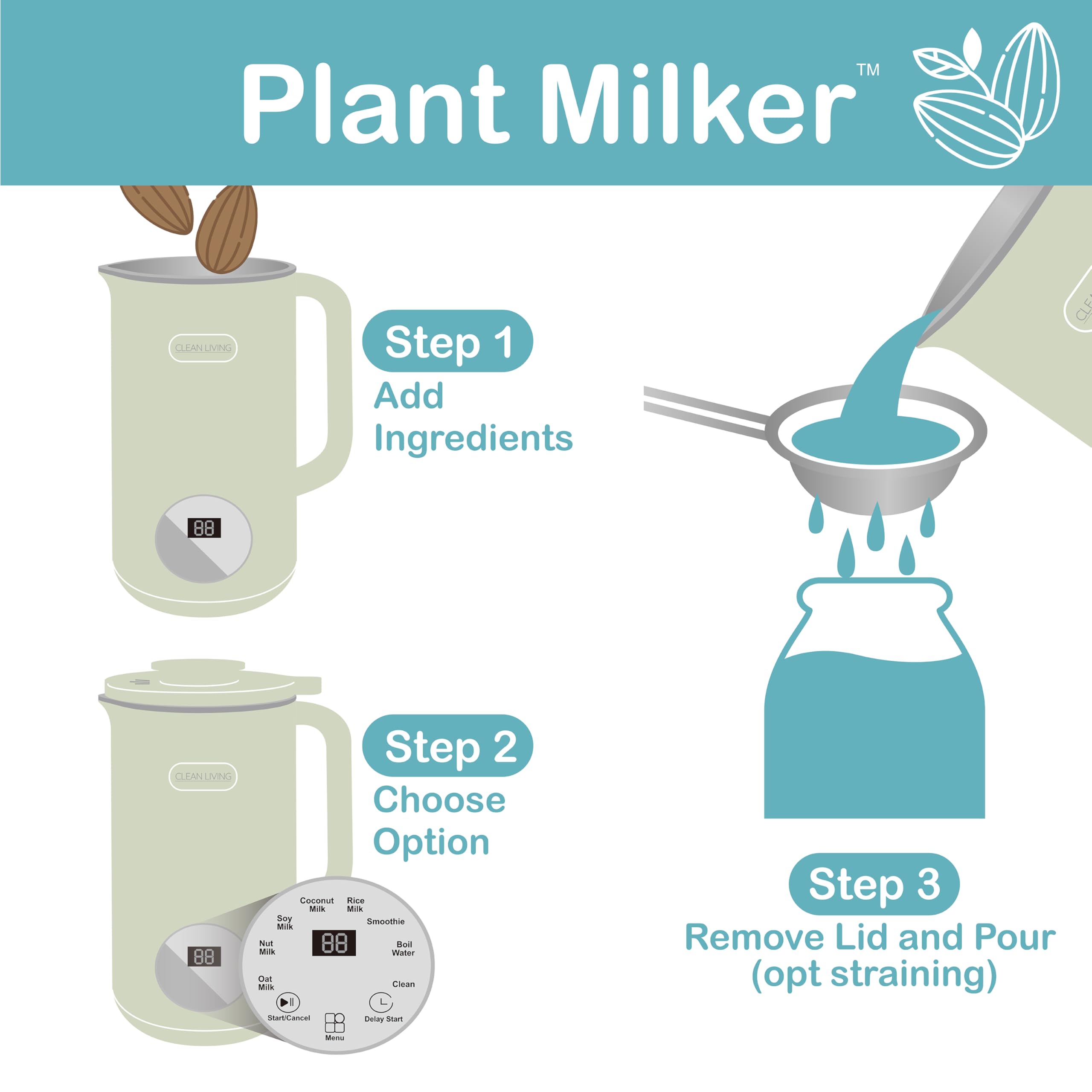 Clean Living With Michelle 1qt. Plant Milker, 8-in-1 Multi-Functional, Self-cleaning, Nut Milk Maker, Homemade Plant Milk Maker, Almond Milk Machine 33.8oz ()