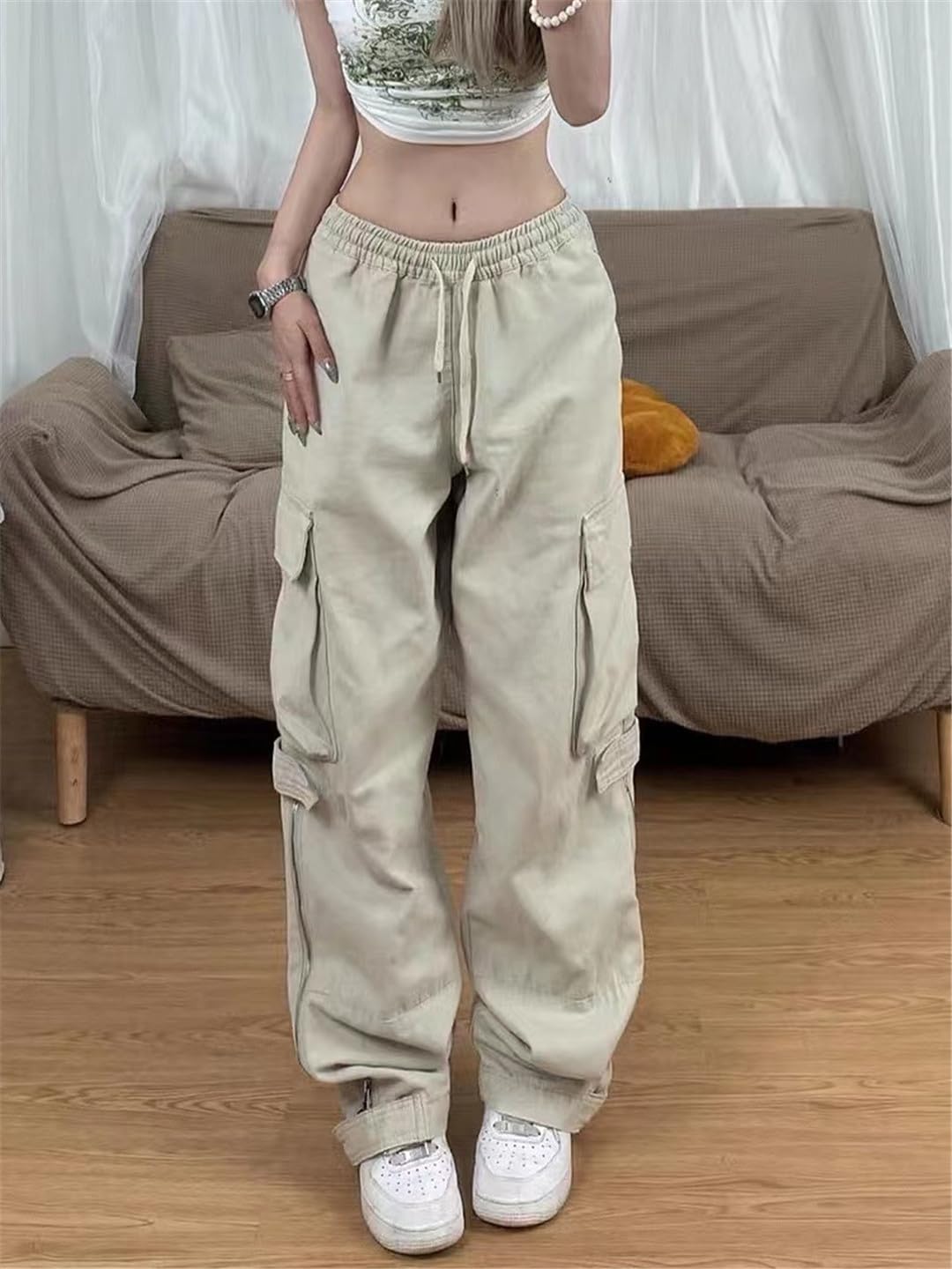 Fjnbbiot Pantaloni Cargo retrò Donna Tasche Vintage Pantaloni Larghi Pantalone Gamba Larga Femminile