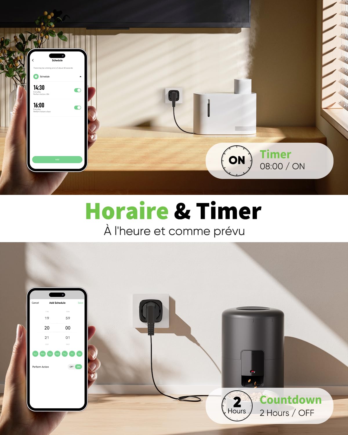 GreenSun Prise Connectée WiFi 16A 3680W, Compatible Alexa | Suivi consommation, minuterie, Smart Life, 2.4 GHz, 230V, 4 pièces, Noir/Blanc, sécurité CE RoHS