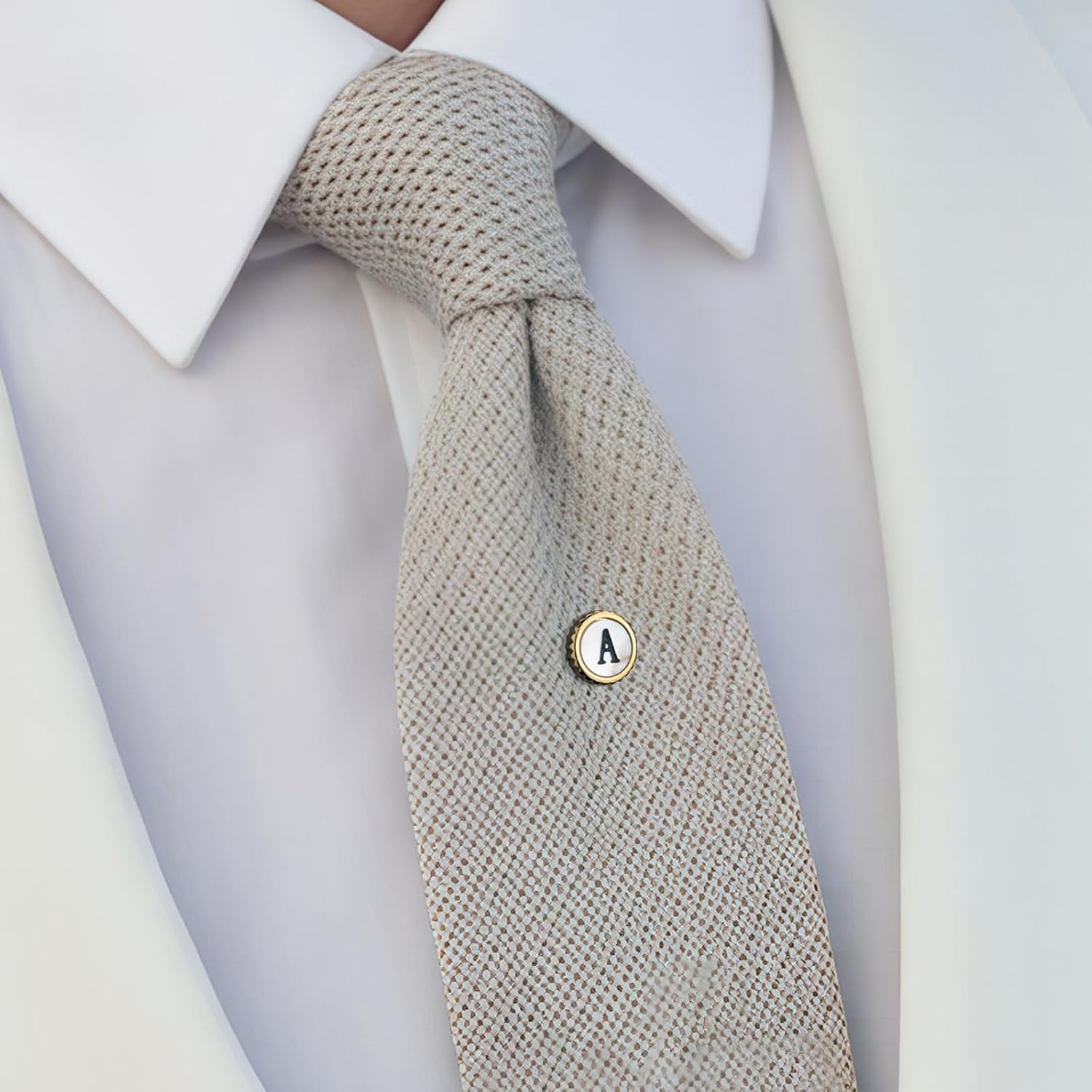 Tie Pins for Men Gold, TAIGRAMA Tie Tacks with Chain Initial Lapel Pin Mother of Pearl Brooch for Suits Necktie Bow Tie Hat