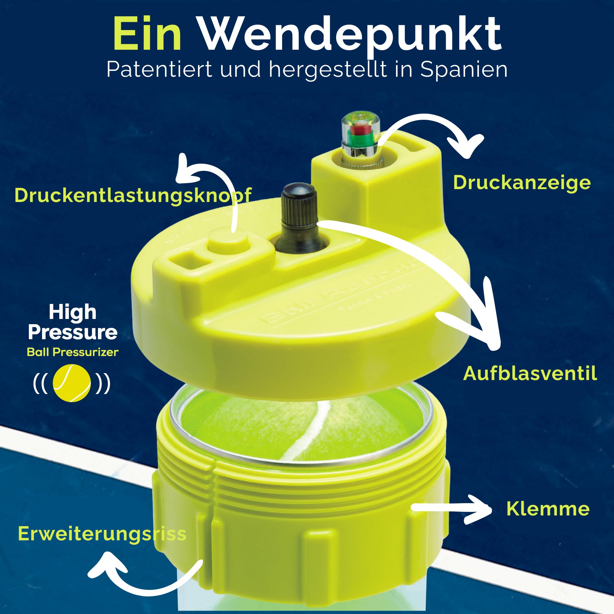 Ball Rescuer verwandelt die Dosen für drei oder vier Padel-oder Tennisbälle zu einem 30- PSI Druckbehälter. ( Verpackung nicht im Lieferumfang enthalten)