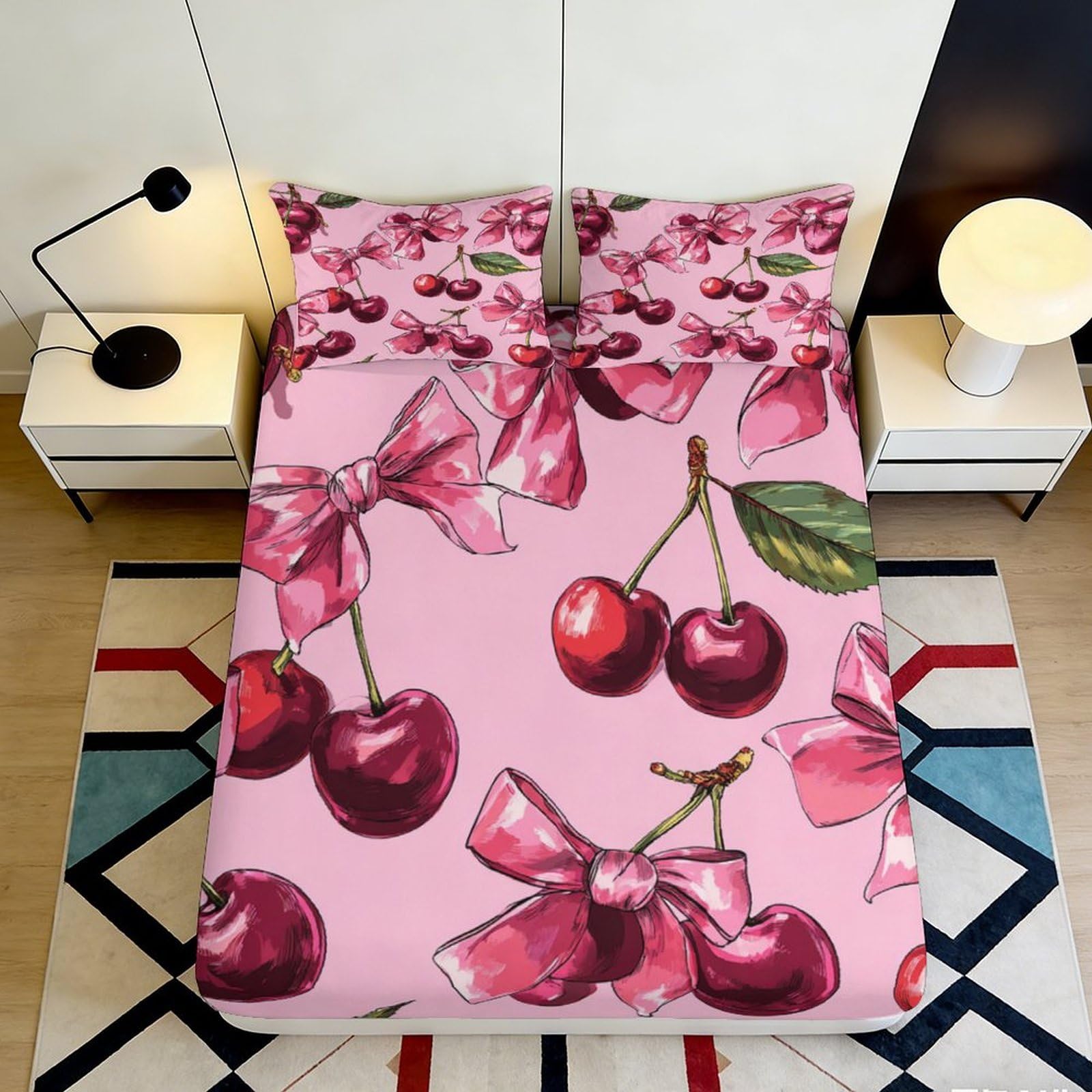 3D Printed Cherry Pattern Fitted Sheet Microfiber Soft Breathable Bow Design Mattress Cover for Bedroom Dormitory Guest Room Protection Decoration 200x200x25cm