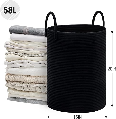Miniatura 5 de TECHMILLY - Cesta de lavandería de cuerda tejida negra de 58 litros para almacenamiento de ropa y mantas, canasta grande para ropa universitaria,