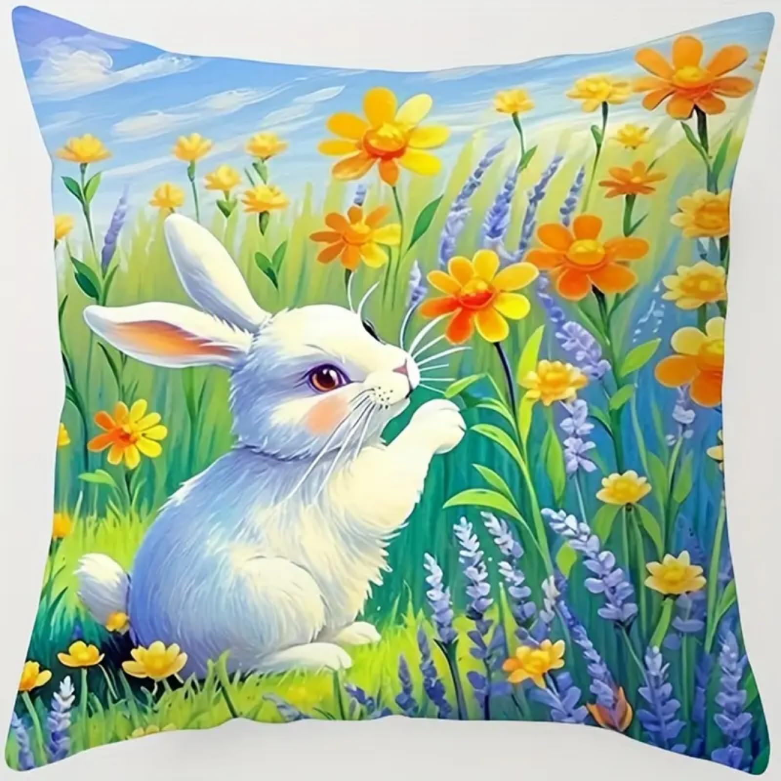 ANSIWEIGO Make Your Own Cushion,Latch Hook Kit with Printed Canvas & Pre-Cut Yarn,Flower Field Rabbit,Easy DIY Craft for Beginners,Gift for Children,Teenagers & Adults,Seasonal Home Décor,43x43 cm