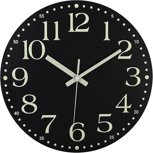 Miniatura 2 de JoFomp Reloj de madera que brilla en la oscuridad, 14 pulgadas, silencioso sin tictac, funciona con pilas, números luminosos y manecillas que