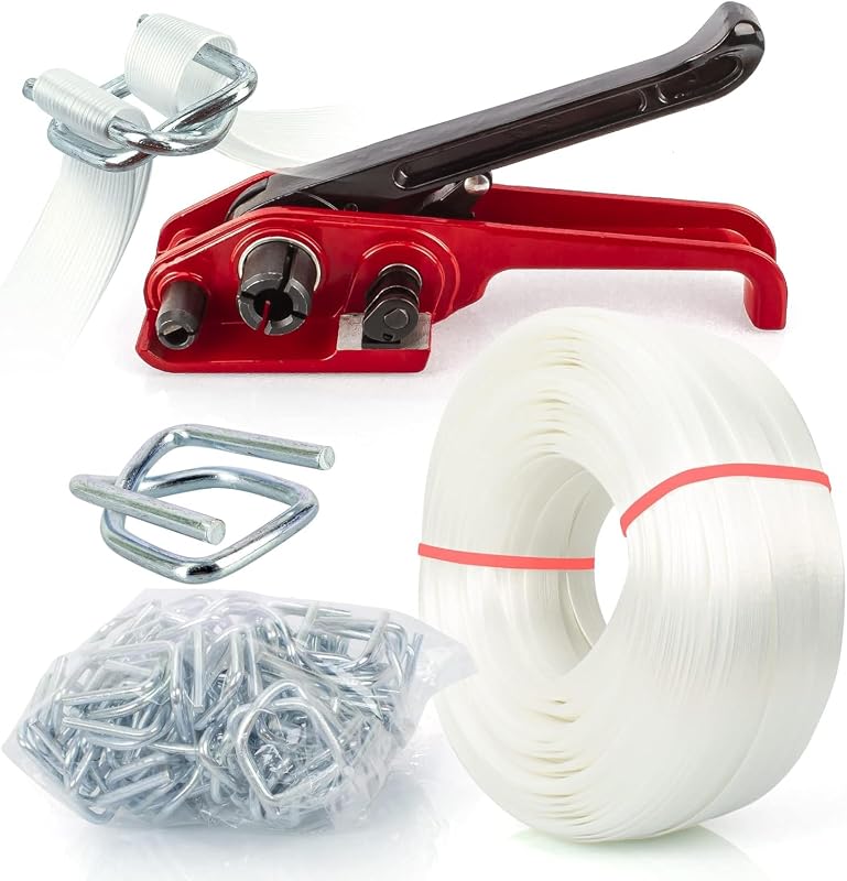 Heavy Duty Packing Strapping kit, Pallet Packing Strapping Tool, 3/4" x 320' Woven Cord Strapping Set, 2000 lbs Break Strength, Metal Buckles, Polypropylene Cord Strapping Tensioner | 3/4" x 320' Woven Cord Strapping Set, 2000 lbs Break Strength, Metal Buckles, Polypropylene Cord Strapping Tensioner