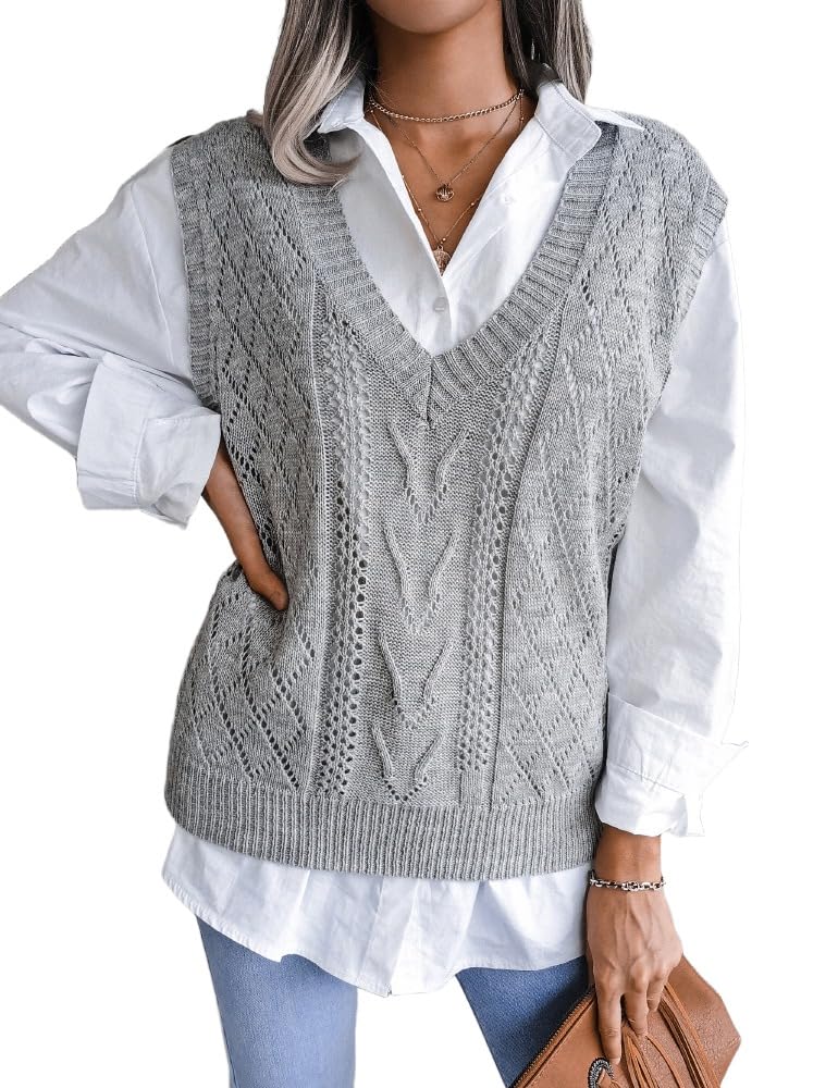 Kinghua Cable Knit Sweater Vest Women Fall Winter Casual V Neck Hollow Out Tops Outwear Trendy Pullover Clothing