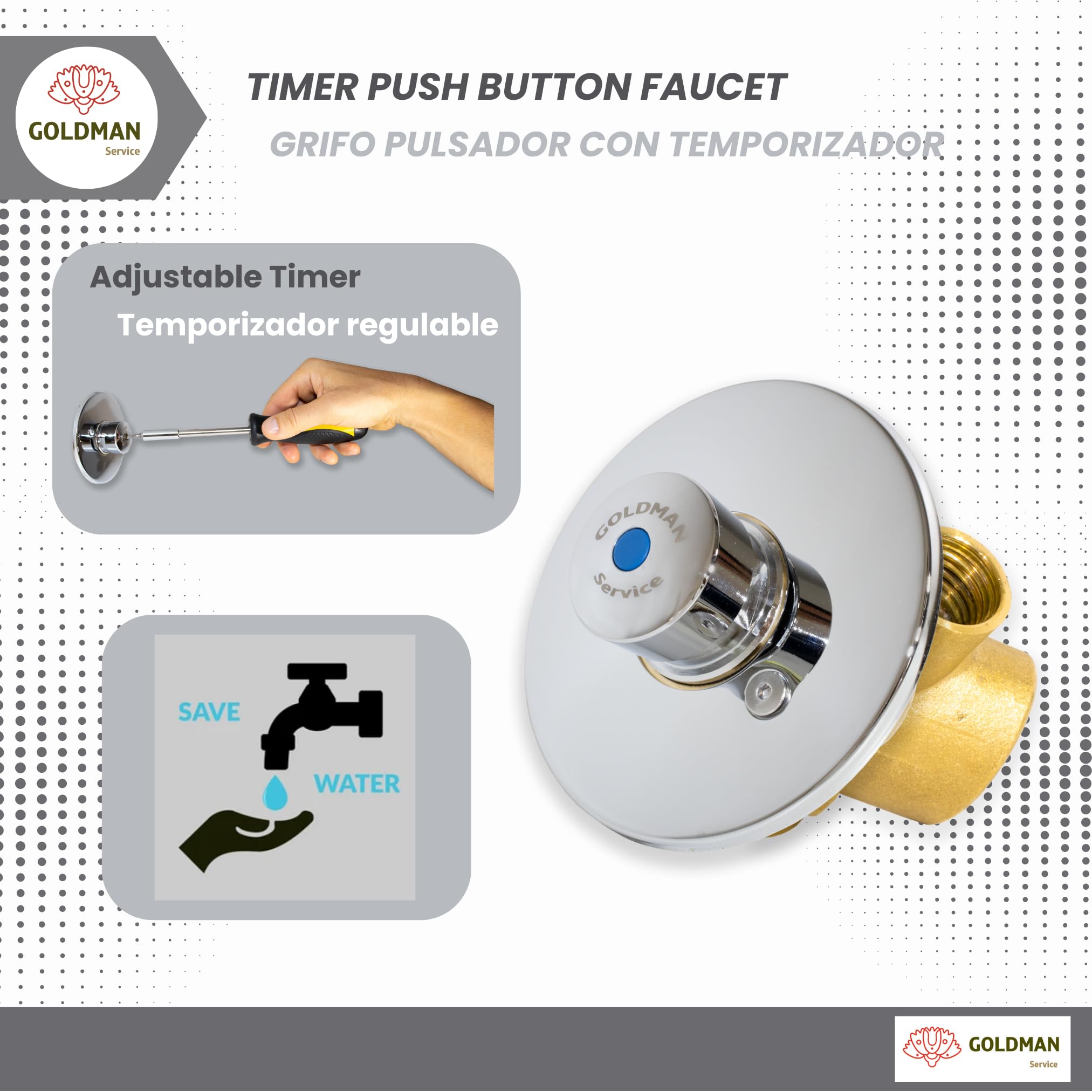 GOLDMAN SERVICE - Grifo Pulsador Mural Temporizador Regulable para Ducha y Lavabo - Controla el Tiempo y Reduce el Consumo de Agua 3 a 25 Segundos. H-H 1/2 Pulgadas