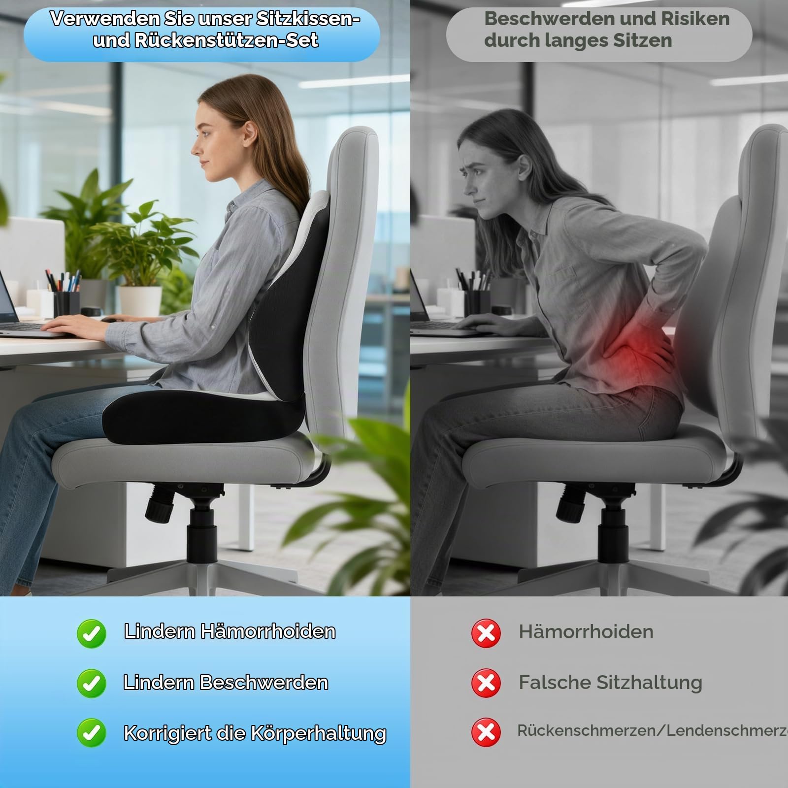 Sitzkissen und Rückenkissen, Orthopädisches Druckentlastungskissen für das Steißbein, Ergonomisches Steißbeinkissen, Memory Foam für Büro und Auto