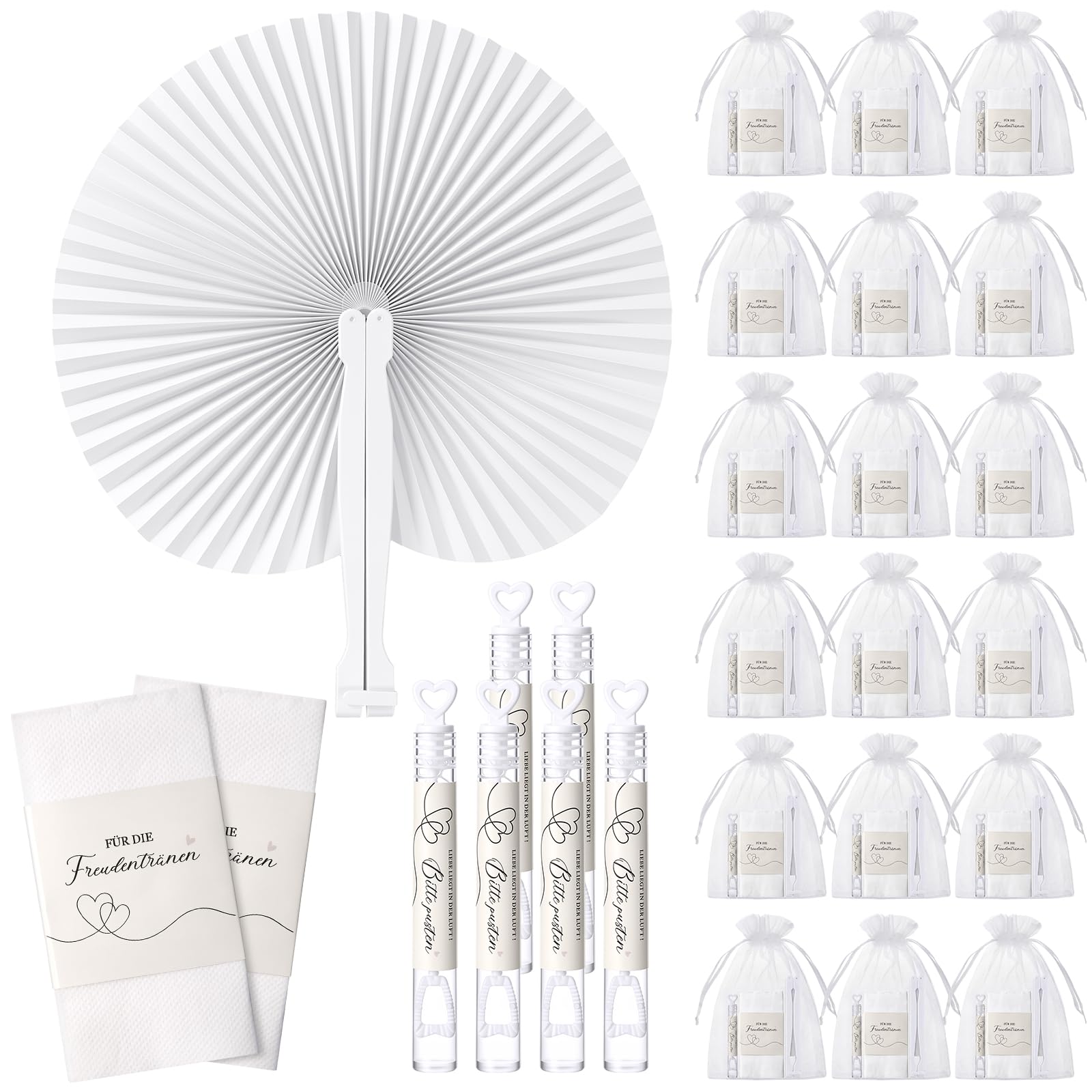 BBTO 50 Sets Hochzeit Gastgeschenke Handfächer Seifenblasen Hochzeit mit Aufkleber Freudentränen Taschentücher Banderolen Organzabeutel für Hochzeitsgäste Geburtstag Party Geschenk Tischdeko