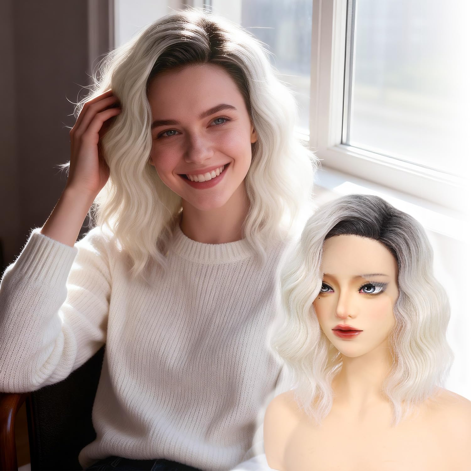 Short Platinum Blonde Wavy Bob Wig for Women 14 Inch 9x1 Lace Front Shoulder Length Curly Free Part Synthetic Wig Pre Plucked Glueless Realistic Scalp Heat Resistant for Daily Wear Party Cosplay Use
