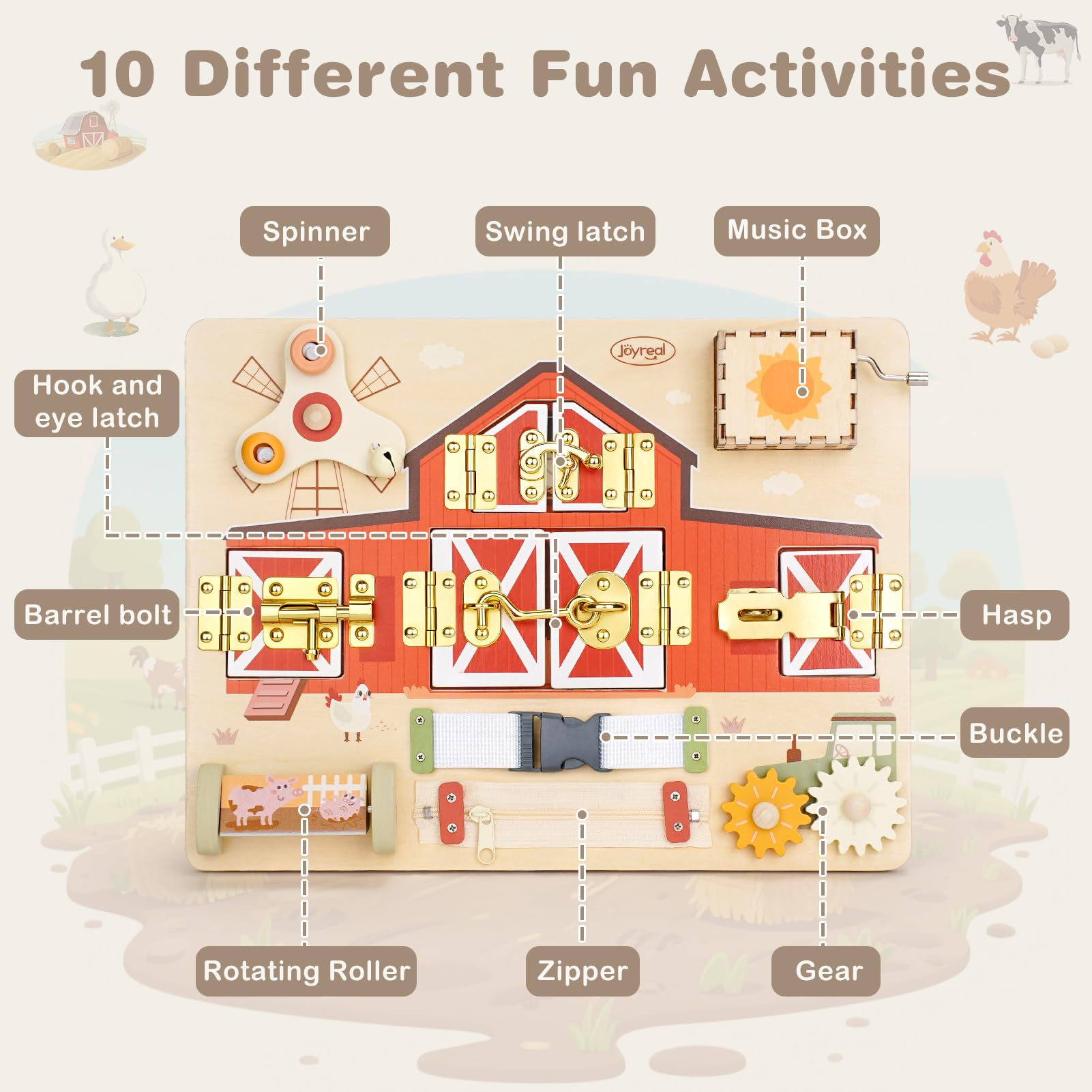 Joyreal Wooden Montessori Busy Board for 1 2 3 Year Old Toddlers, Farm Themed Sensory Toys for Kids, Fine Motor Skills Activity Board with Music Box & Latches, Learning Toys Gift for Autistic Children - 2