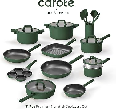 CAROTE 31pcs Pots and Pans Set, Nonstick Cookware Set | Egg Pan, Steamer & Durable Silicone Utensils, Even Heating, All-Stovetop Compatible, Green