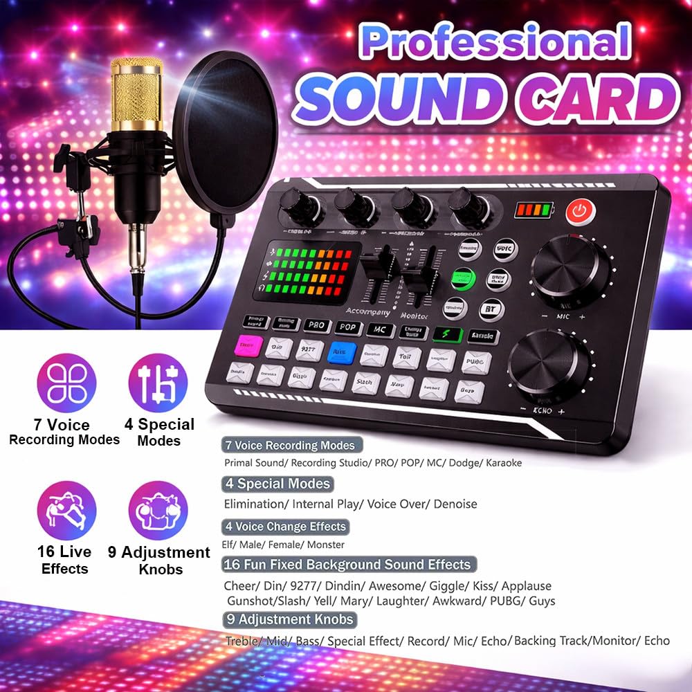 Kit Di Attrezzatura per Podcast per 2 Persone,2 Microfoni per Podcast + Cambiavoce + 2 Convertitori,Braccio a Forbice Regolabile per Microfono,Ideale per Microfono Da Gioco,Canto,Streaming Live Black