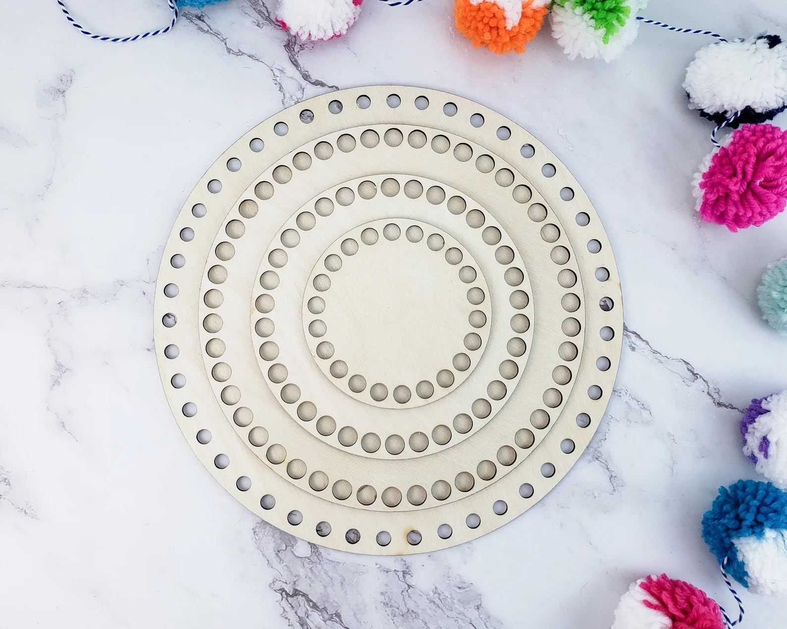 Curious Button Wooden Round Crochet Base Board with Holes | Sizes: 10,8,6,4 in 2.7mm Thick | DIY Basket, Knitting, Macrame & Craft Board for Crochet Projects, Handmade Gifts & Home Décor Set of 4