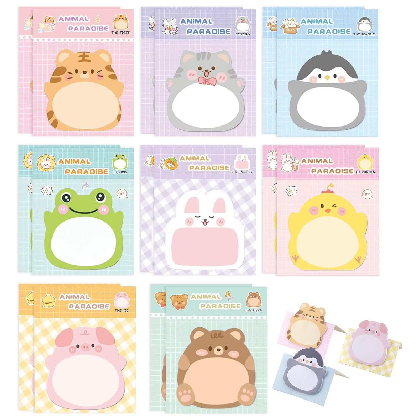 Sticky Notes, 16 Pack Standable Cartoon Animals Sticky Labels, 8 Styles 320 Sheets Cute Self-Stick Note Pad Set for Party Bags Filler, Office Memo, Gifts - 20 Sheets per Pad