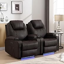 AHMED Power Recliner Chair Set of 2, Faux Leather Home Theater Seating with Ambient LED Lighting, Heat & Massage Reclining Sofa with USB Ports, Cup Holders for Living Room & Movie Room, Retro Brown