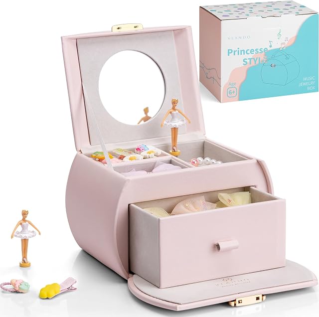 VLANDO Schmuckkästchen Mädchen,Groß Schmuckkasten Kinder mit Ballerina | Spielzeug Geschenk Mädchen mit DIY Aufkleber, Schmuckaufbewahrung mädchen mit Schubladen Spieluhr, Rosa