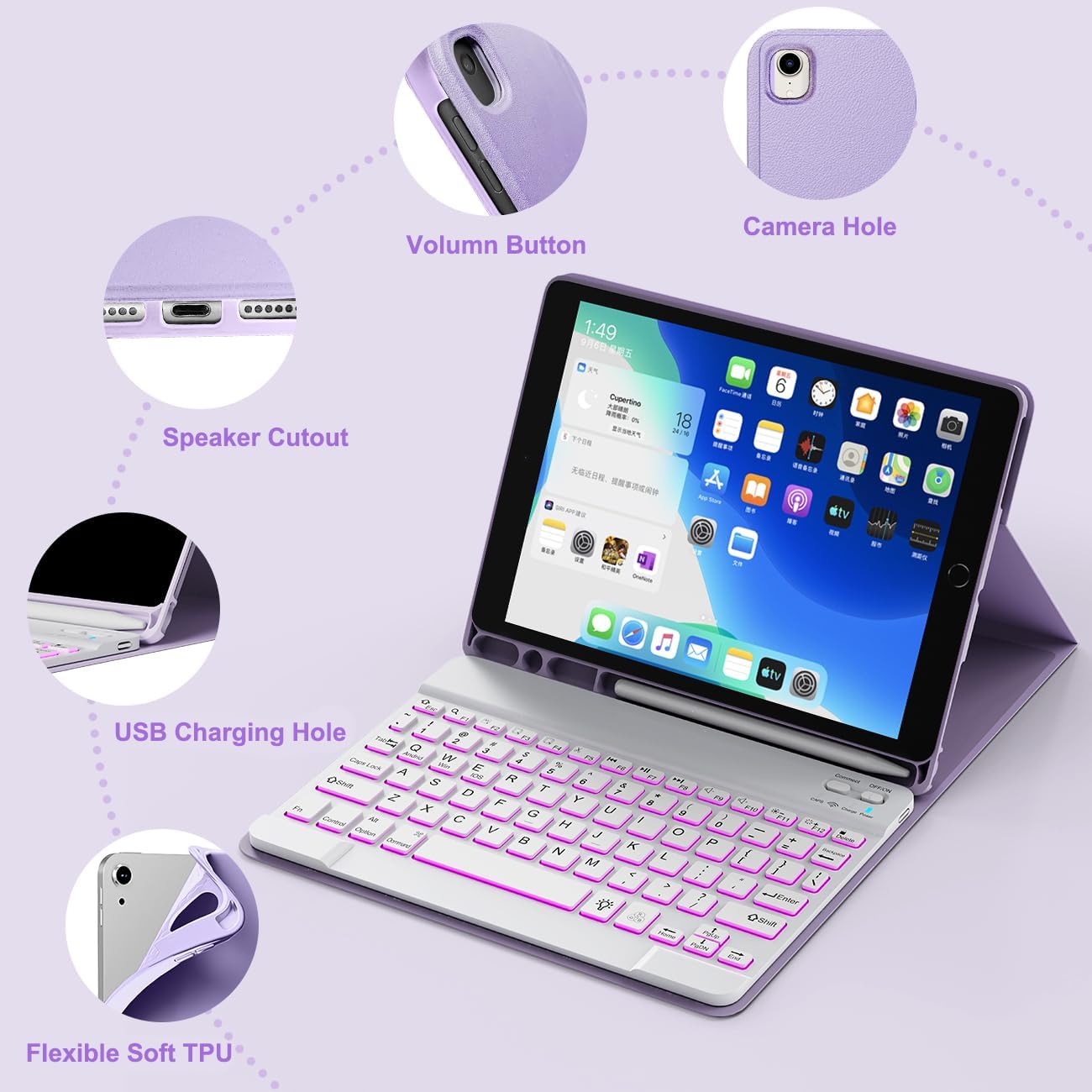 for iPad 9th 8th 7th Generation Case with Keyboard 10.2" - 7 Color Backlit Wireless Detachable Folio Keyboard Cover with Pencil Holder, Compatible with iPad Pro 10.5”/Air 3rd Gen (Purple)