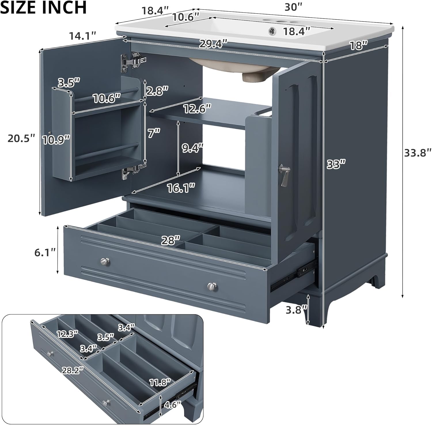 Merax 30 Inch Bathroom Vanity with Sink, Freestanding Painted Bathroom Vanity Cabinet with 2 Doors & 1 Drawer, Solid Wood Frame, Ceramic Sink