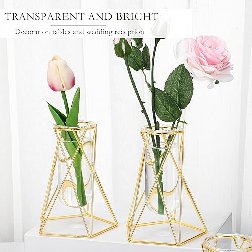 Miniatura 9 de Jarrón geométrico dorado de 12 piezas para centros de mesa, jarrón de vidrio con soporte de metal, jarrón hidropónico, florero moderno para