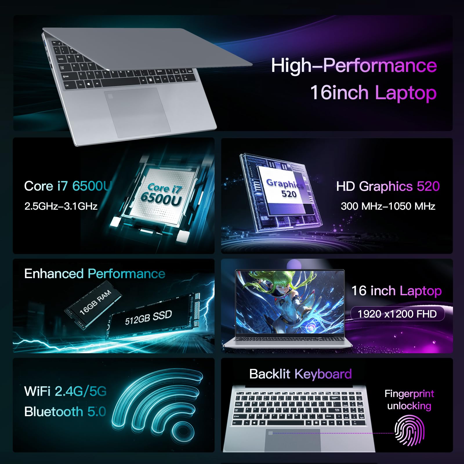 Portatile PC 16 pollici, Core i7 6500U processore 16 GB RAM 512 GB SSD Notebook, Win 11 Laptop, grafica UHD, schermo FHD 1920*1200, tastierino numerico retroilluminato/Touch ID Computer portatile