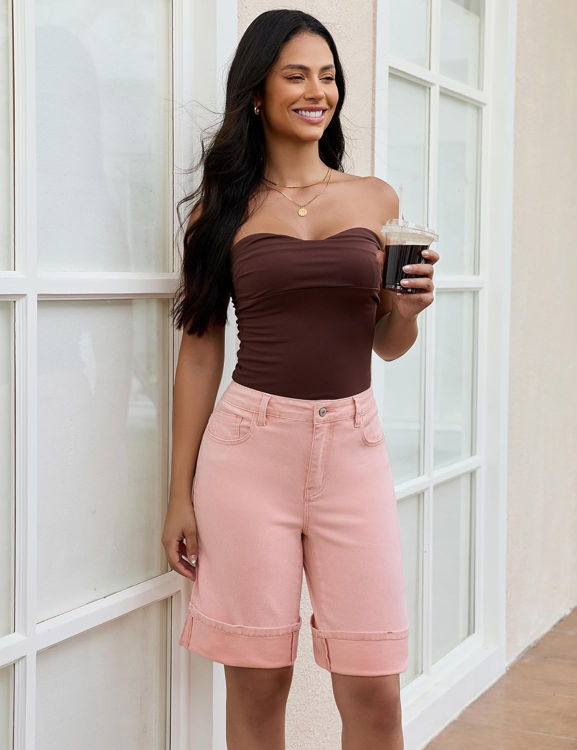 luvamia Jean Bermuda Shorts for Women High Waisted Knee Length Cuffed Long Stretchy Denim Shorts Loose Summer Jorts - Image 6