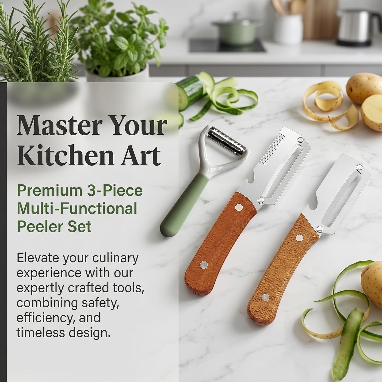 3PCS Kitchen Peeler Set with Wooden Handle, Stainless Steel Vegetable Peeler & Julienne Cutter, Multifunction Fruit and Vegetable Peeling Tool with Built-In Bottle Opener Design for Fruit, Veggies image 4