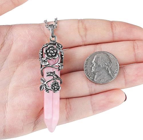 Miniatura 4 de Top Plaza - Collar de cristal curativo de cuarzo rosa natural envuelto con flor de plata envejecida
