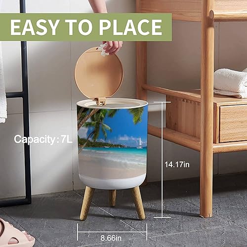 Miniatura 4 de Papelera pequeña con tapa Paradise Beach, cubo de basura redondo, cubierta de prensa a prueba de perros, para cocina, baño, sala de estar, 1.8
