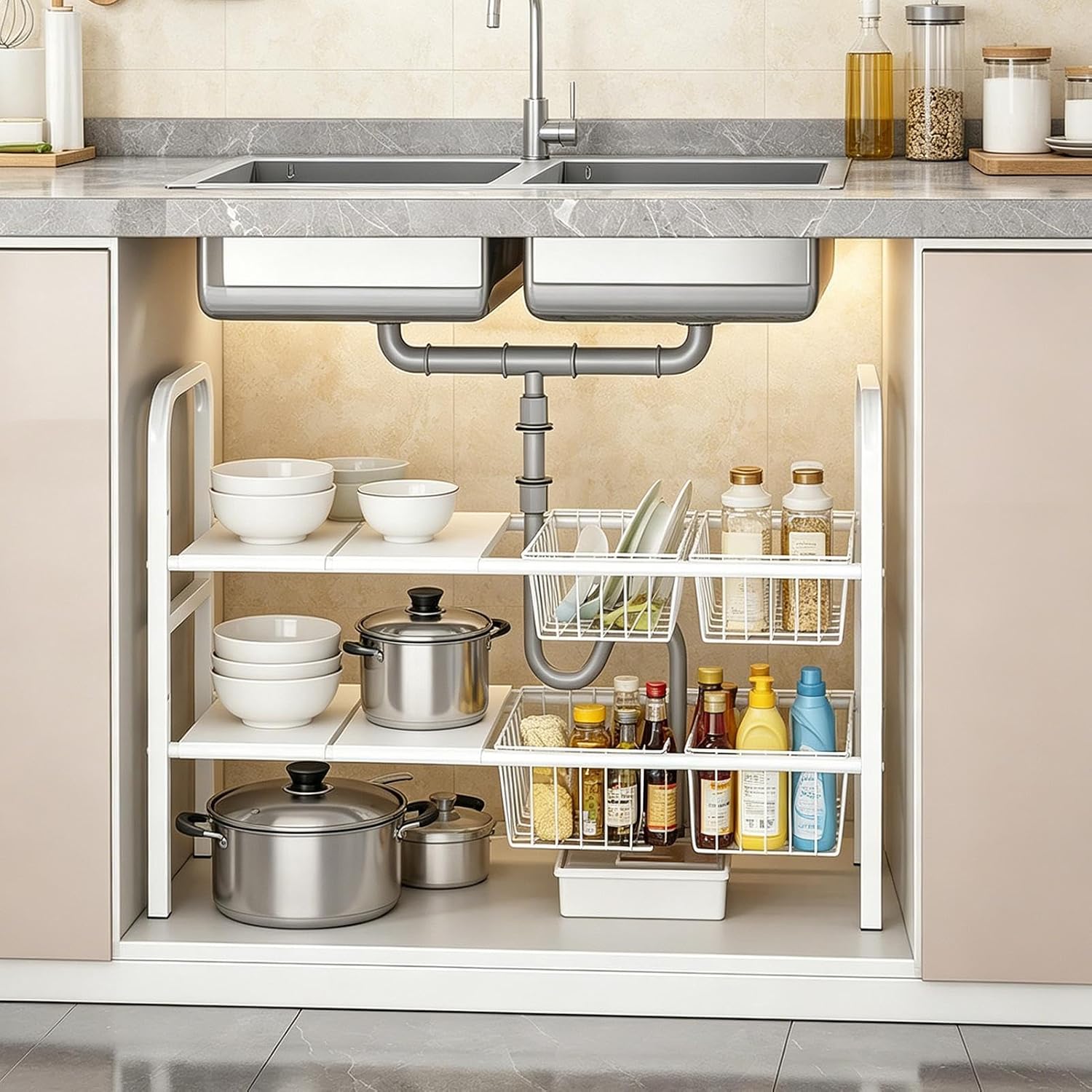 Under Sink Storage, 2 Tier Adjustable Shelf | Under Sink Cabinet Organizer with 4 Baskets and 4 Panels | for Home, Kitchen, Bathroom, Pantry, Laundry, Garage and Apparatus